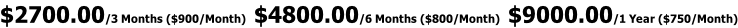 $2700.00/3 Months ($900/Month)  $4800.00/6 Months ($800/Month)  $9000.00/1 Year ($750/Month)